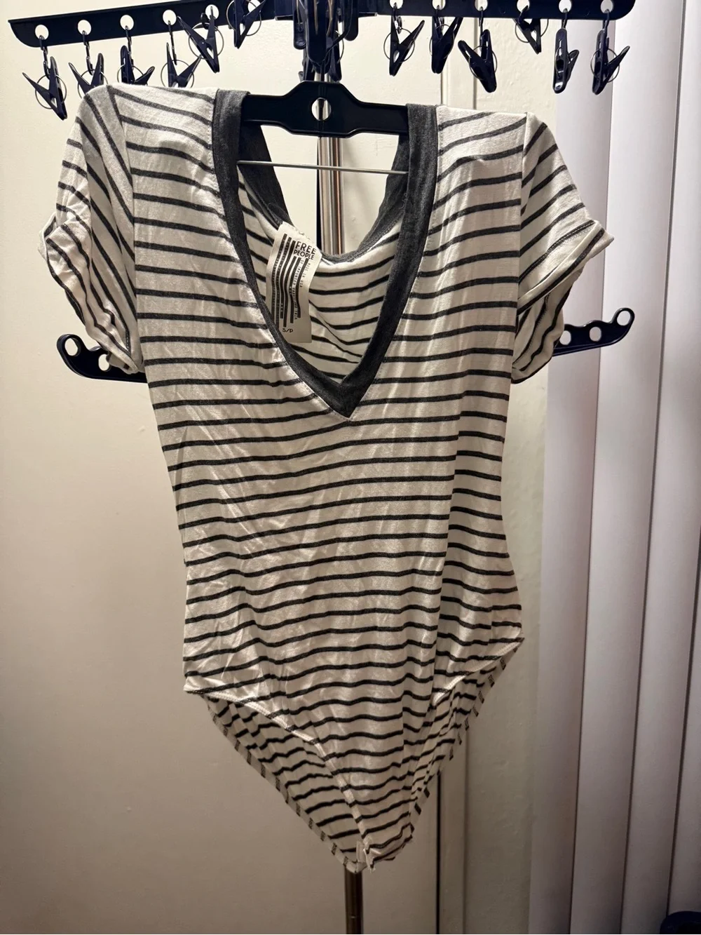Free People Cream and Black Striped V‑Neck Short Sleeve Bodysuit